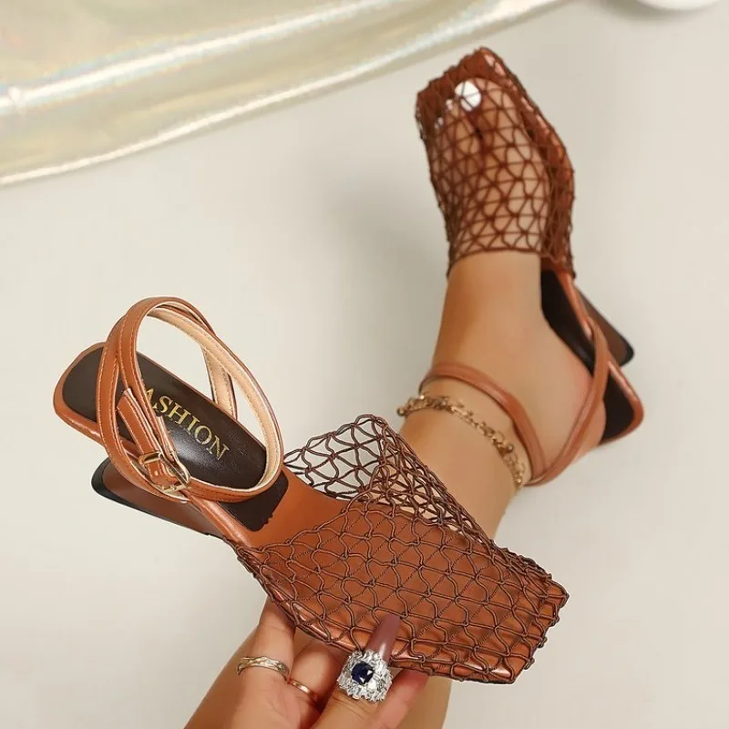 Women Square Toe Fishnet Mesh Slingback Sandals Ankle Buckle Sculptural Heel Hollow‑Out Party Dress Sandals