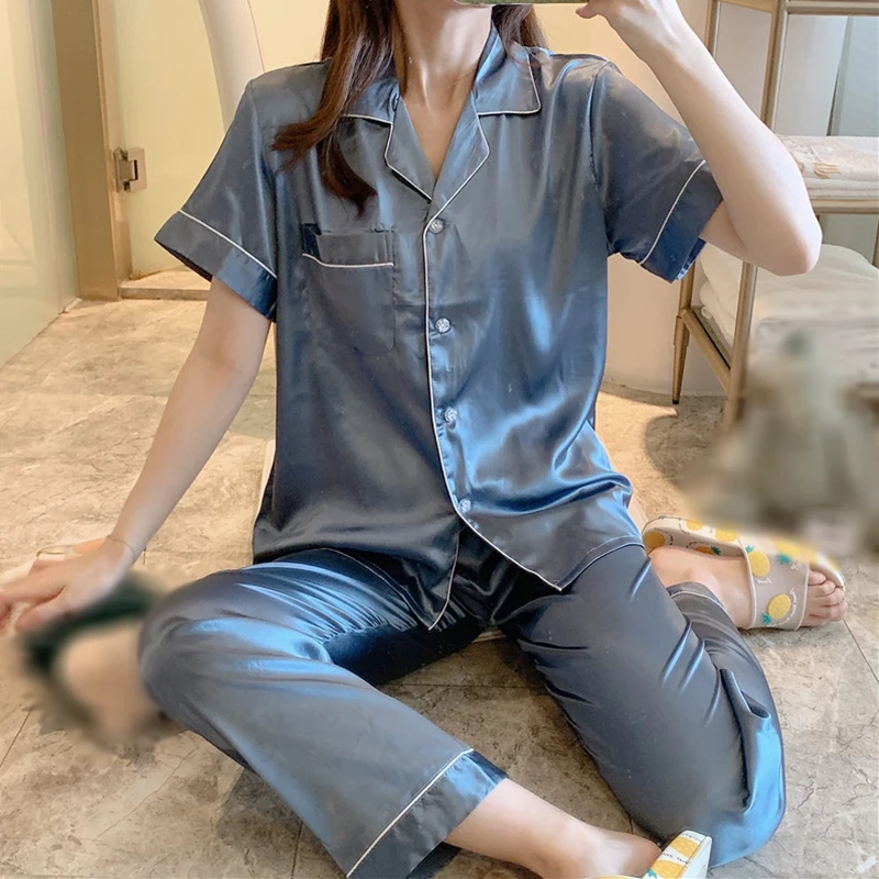 Ice Silk Loungewear Set For Women Short Sleeve Shirt With Long Pants Nightwear Soft 2 Piece Set Sleepwear Spring Summer Pajamas