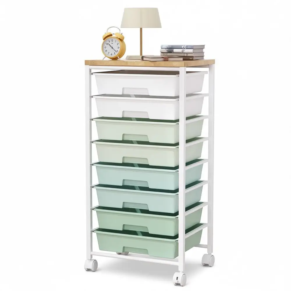 

8-Drawer Rolling Storage Cart with Wooden Top and Lockable Wheels for Home, Office, and Classroom