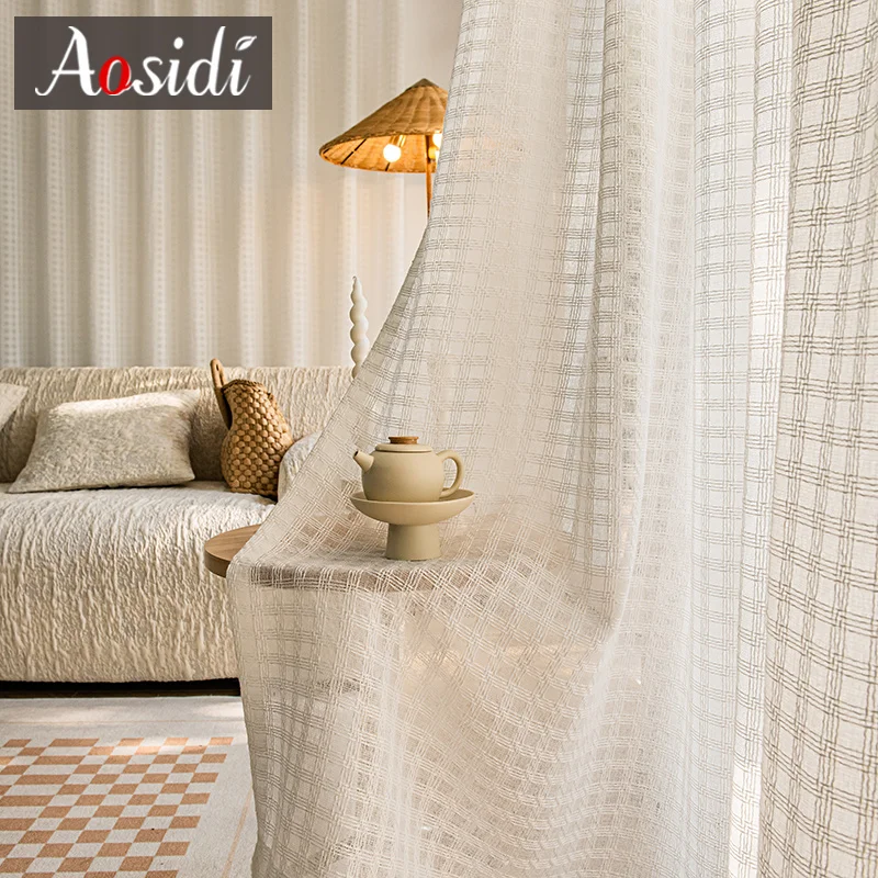 ลายสก๊อตผ้าลินินดู Voilage SHEER ผ้าม่านสําหรับห้องนั่งเล่นหน้าต่างผ้าม่าน Tulle ผ้าม่านผ้าพันคอประตู Cortinas Home Decor แรเงา
