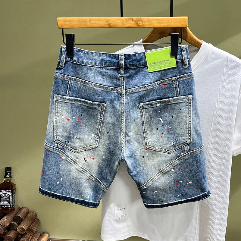 Summer Fashion Vintage Men Jeans Retro Blue Stretch Slim Fit Ripped Short Jeans Hombre Patched Designer Hip Hop Denim Shorts Men