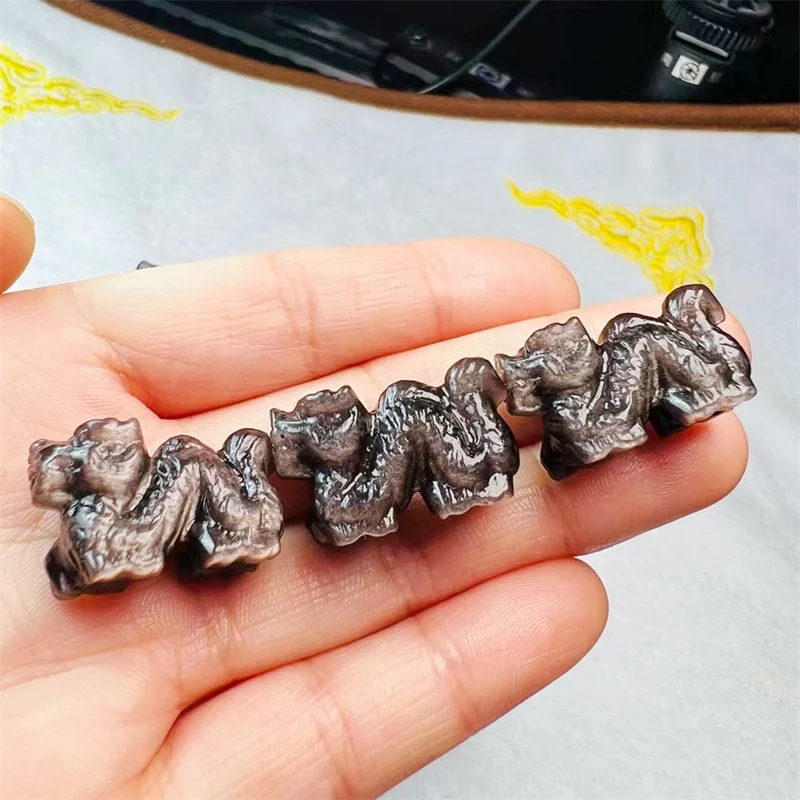 5PCS Natural Silver Obsidian Chinese Dragon carving Figurine Gift Fashion Jewelry  Women  Man Christmas Gift 25MM