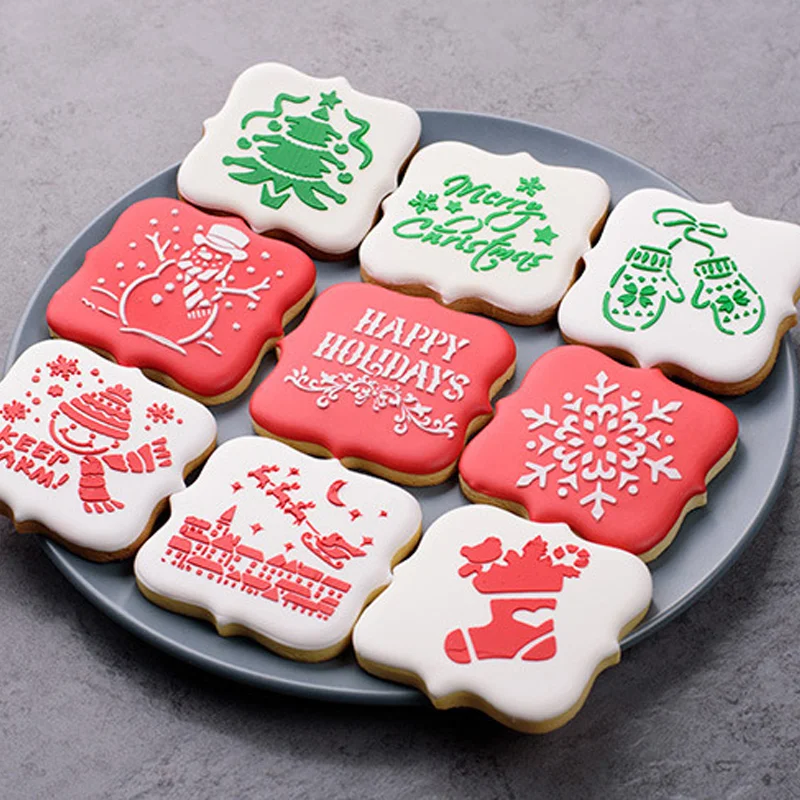 Merry Christmas Cookies Stencil Hollow Coffee Art Template Frosting Biscuits Mold Fondant Cake  Mold Decorating Tools Bakeware