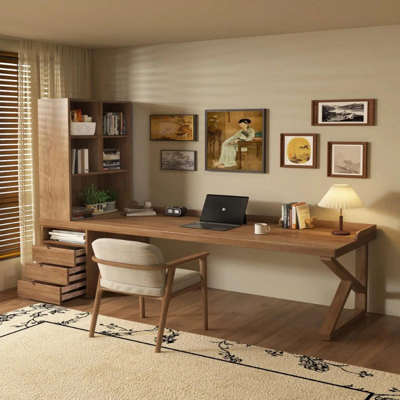 

Solid wood double desk bookcase integrated household computer desk learning workbench