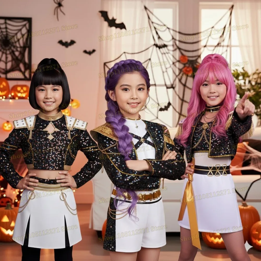 

Kids Black Golden Performance Costume KPOP Huntrix Rumi Zoey Mira Cosplay Costume Wig KPop Demon Hunters Uniform Halloween Party