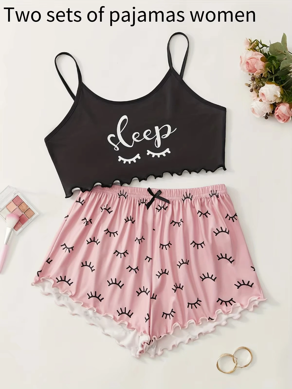 2 Sets Pajamas Set of Women's Summer Milk Silk Sleeveless Camisole & Shorts Printed Loungewear Comfortable Homewear Set