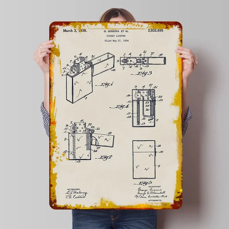 Lighter Patent Drawing Printed Poster Customized Wall Art Retro Vintage Metal Tin Signs for Man Cave Living Room Decorations