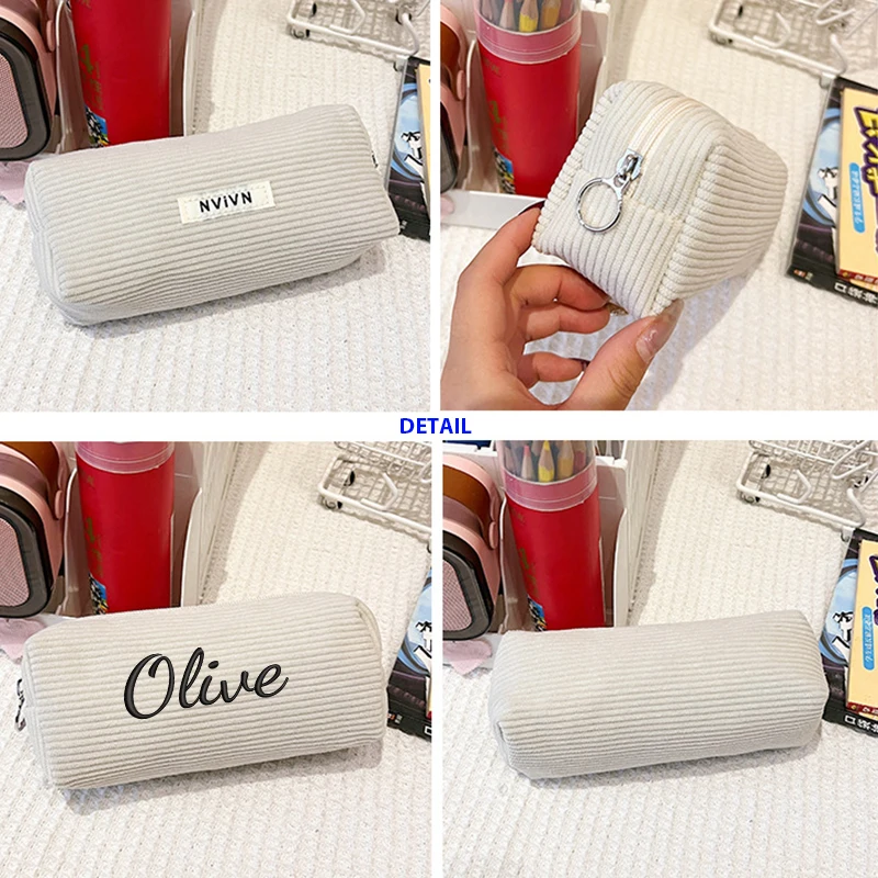 Embroidered custom-High-quality corduroy, portable metal ring zipper, suitable for makeup bags, pencil cases, coin purses, etc!