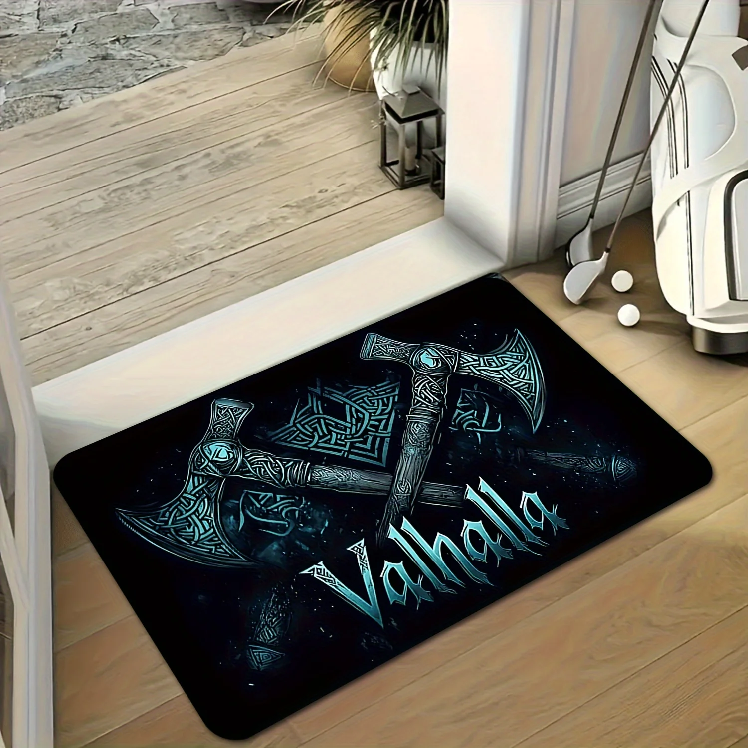 2D Flat Viking Axes Valhalla Text Blue Glow Black Background Flannel Door Mat Non Slip Norse Mythology Rug For Entryway Floor