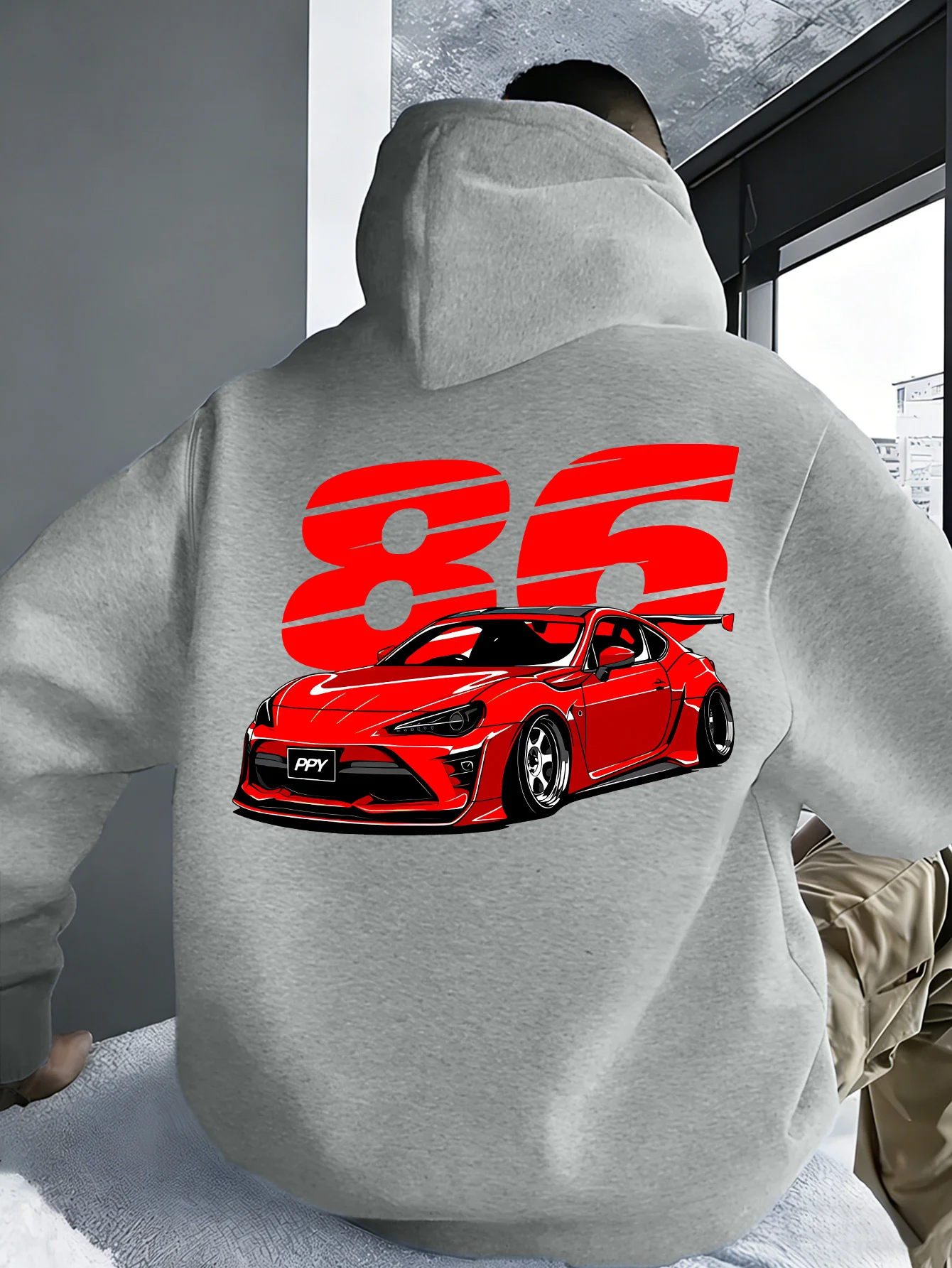 Trend JDM Racing Back Print Hoodie - 1986 Model Sports Car Pattern - Fall/Winter Men's Street Style Hooded Pullover Sweater