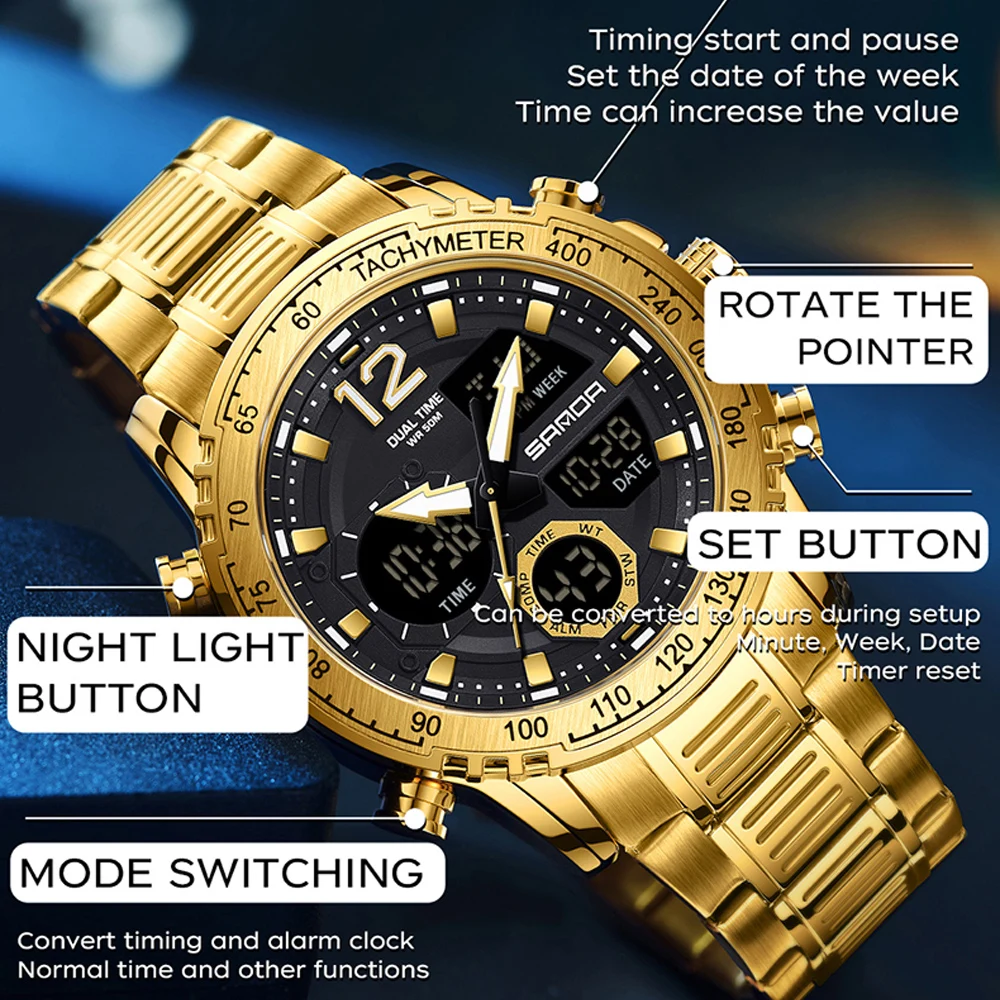 SANDA Top Brand Luxury Chronograph Men Watches Gold Steel Sport  Digital Analog Big Quartz Watch for Man relogio masculino