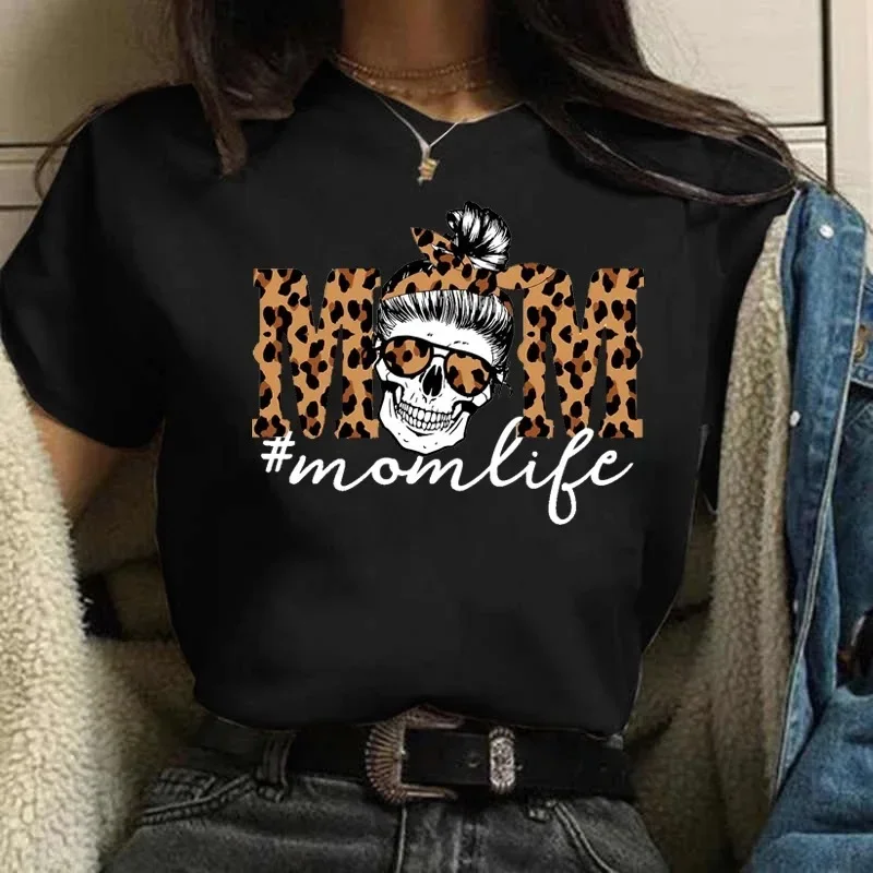Momlife Skull Head Leopard Print Women T Shirt Short Sleeve O Neck Loose Women Tshirt Ladies Tee Shirt Tops Camisetas Mujer