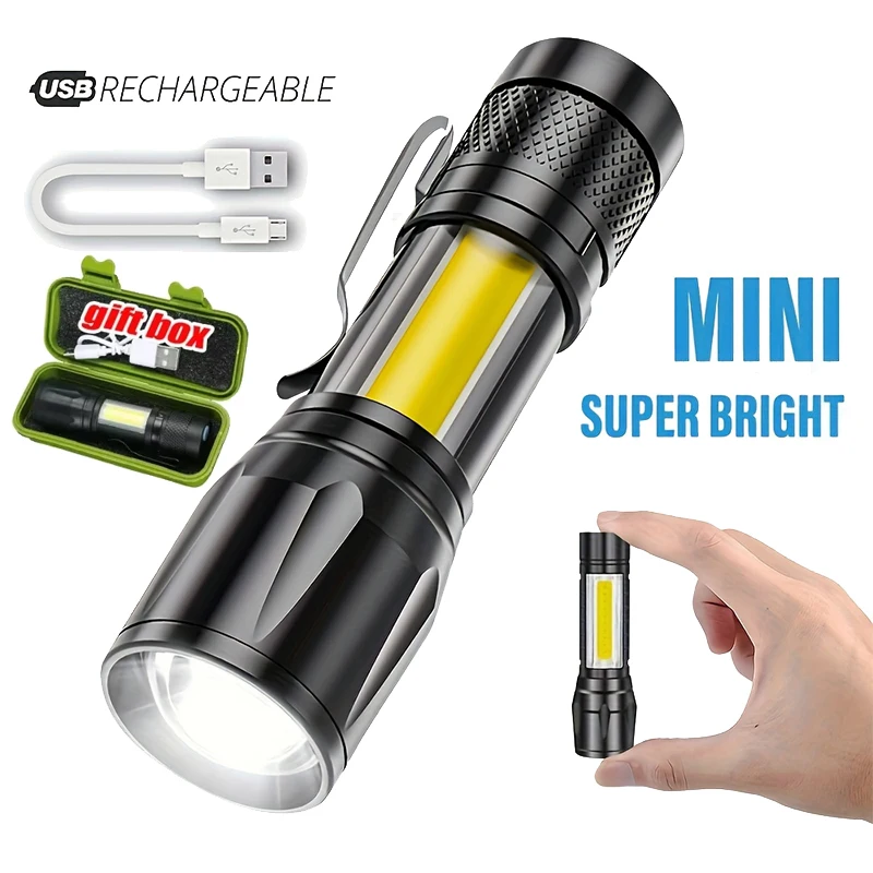 

Мини-светодиодный фонарик COB + XPE, портативный фонарик с зарядкой через USB, кемпинговый фонарь с масштабируемой фокусировкой, тактический фонарик с зажимом для ручки