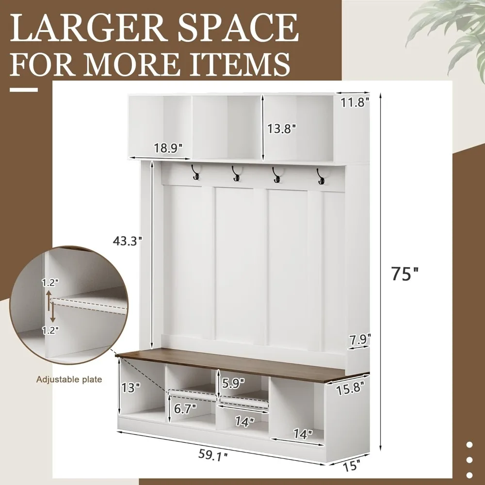 شجرة قاعة خشبية طويلة 75 طويلة على طراز المزرعة مع مقعد ورف معطف ورفوف تخزين للمدخل #4