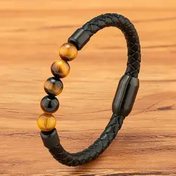 XQNI High Quality Leather Bracelet Men Classic Fashion Tiger Eye Beaded Bracelet Magnet Clasp Design For Men Jewelry Gift