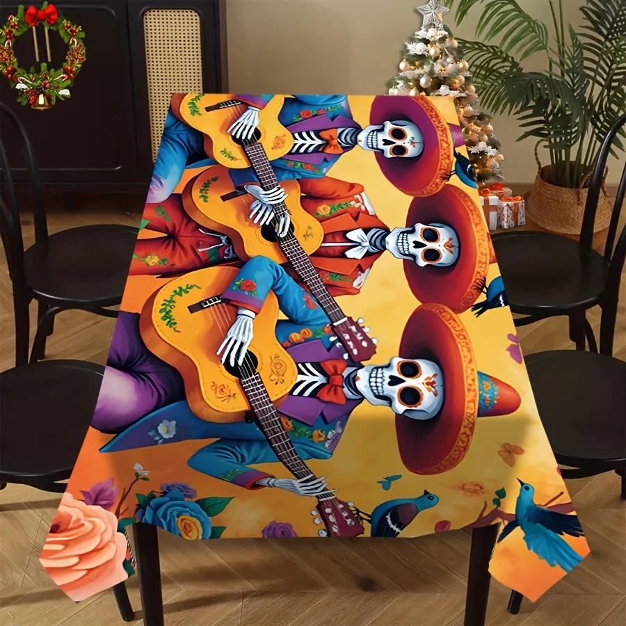 A tablecloth with a design of three skeletons holding guitars, machine washable, featuring a Halloween theme print.PMJ