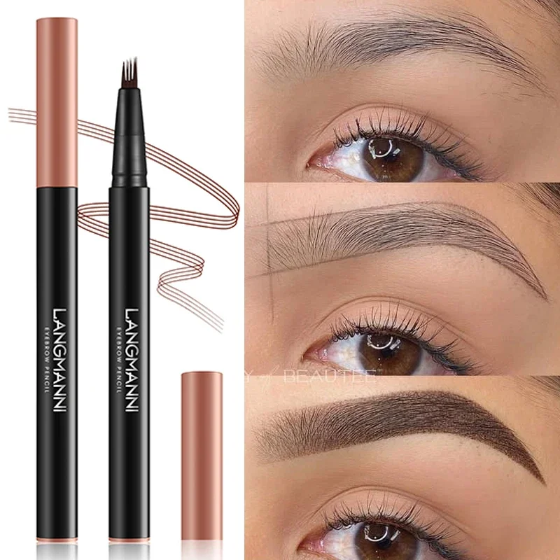 EyebloggPays l-Stylo à sourcils liquide imperméable à l'eau, stylo à sourcils, rehausseur de teinte de tatouage, sans décoloration, noir, marron, pointe à 4 fourches, cosmétiques