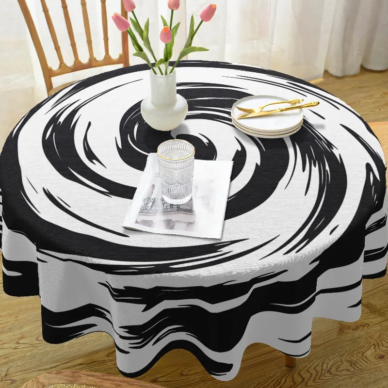 One black and white simple and retro polyester round tablecloth, measuring 61x61 inches, suitable for the home kitchen.zyc