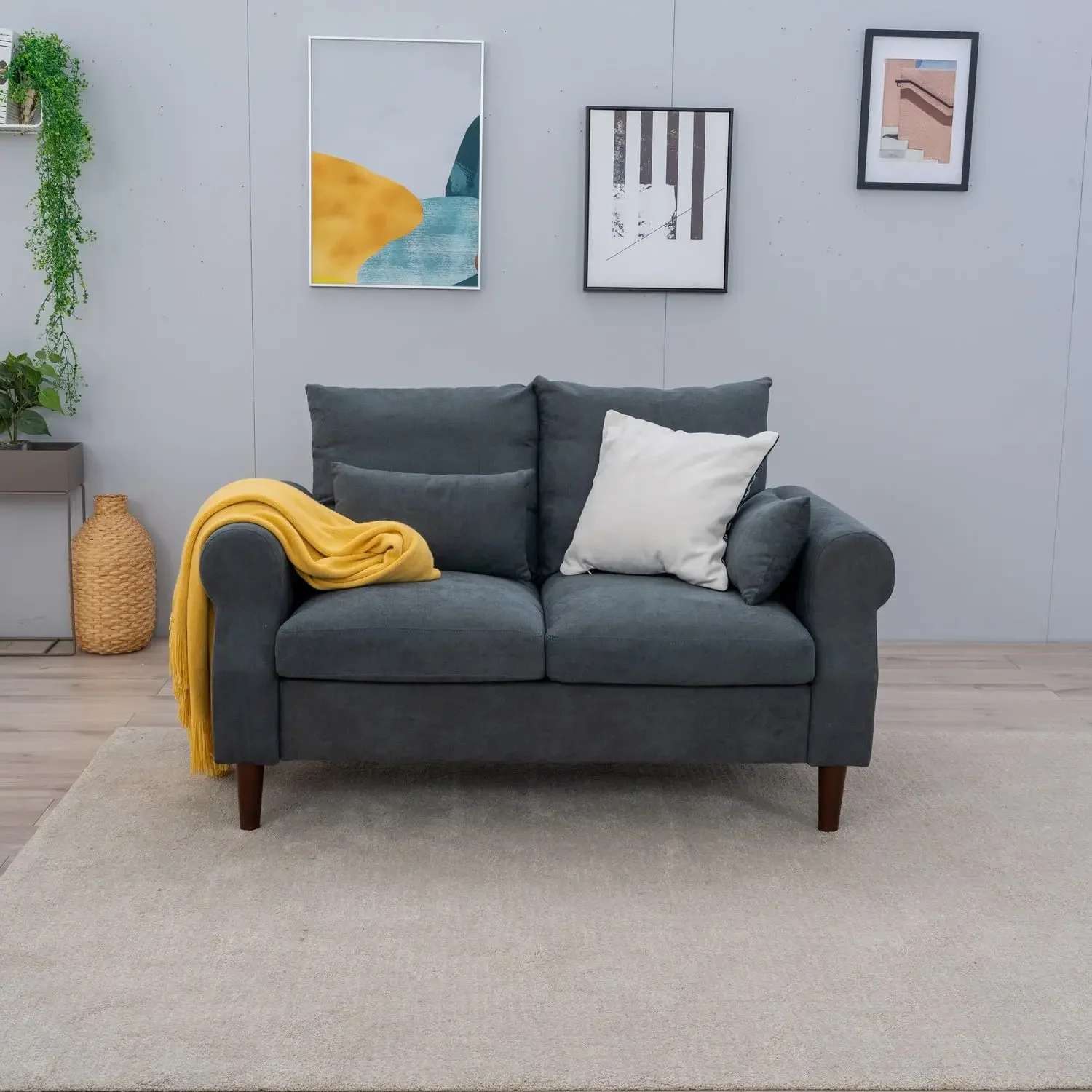 2 Piece Upholstered 3-Seat Sofa and Loveseat Sofa Set (Grey - Scroll Arm)