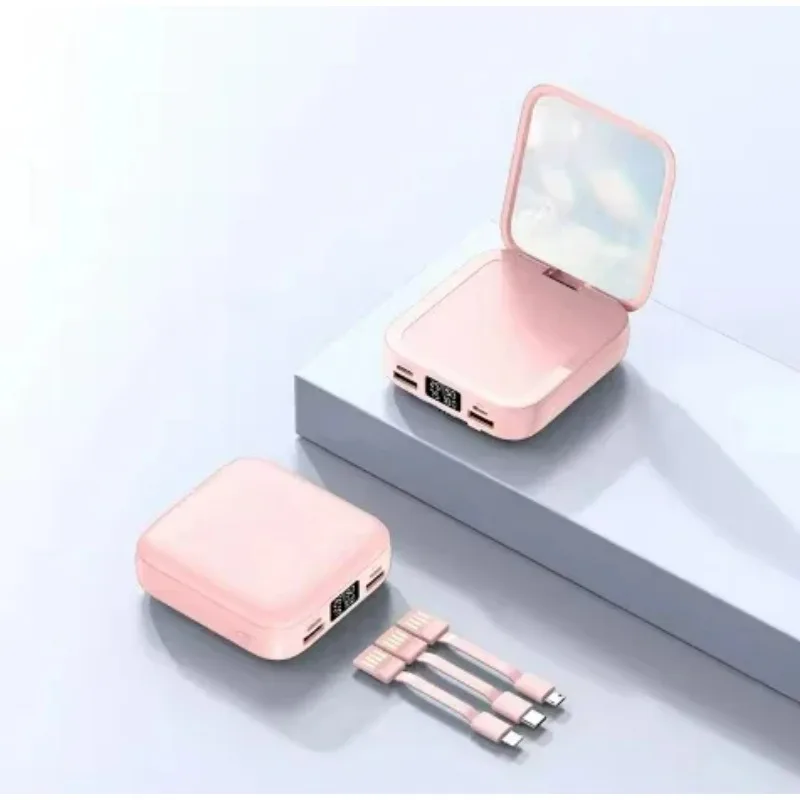 20000mAh Mini Power Bank Makeup Mirror Portable Charger for IPhone  Android External Battery Charging Built-in Cables