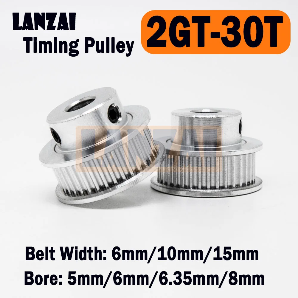 LANZAI 2GT Timing Pulley 30 Teeth BF Type Bore 5/6/6.35/8mm Belt Width 6/10/15mm for 3D Printer Aluminium 30T 30teeth Sheave GT2