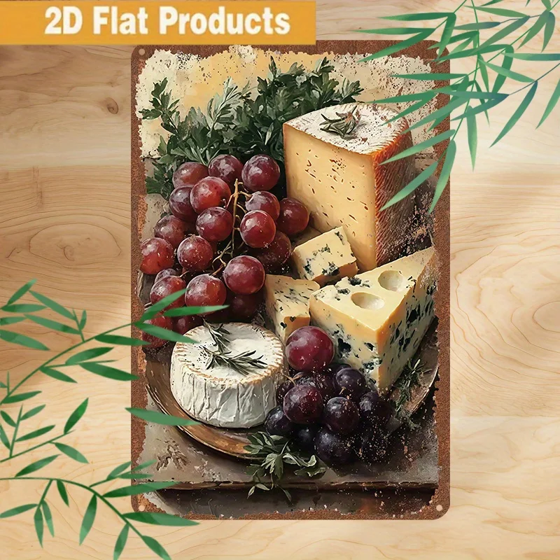 2D Flat Metal Sign, Decorative Plaque Featuring Vintage Cheese And Grapes Artwork. Perfect for Home, Bar, Cafe
