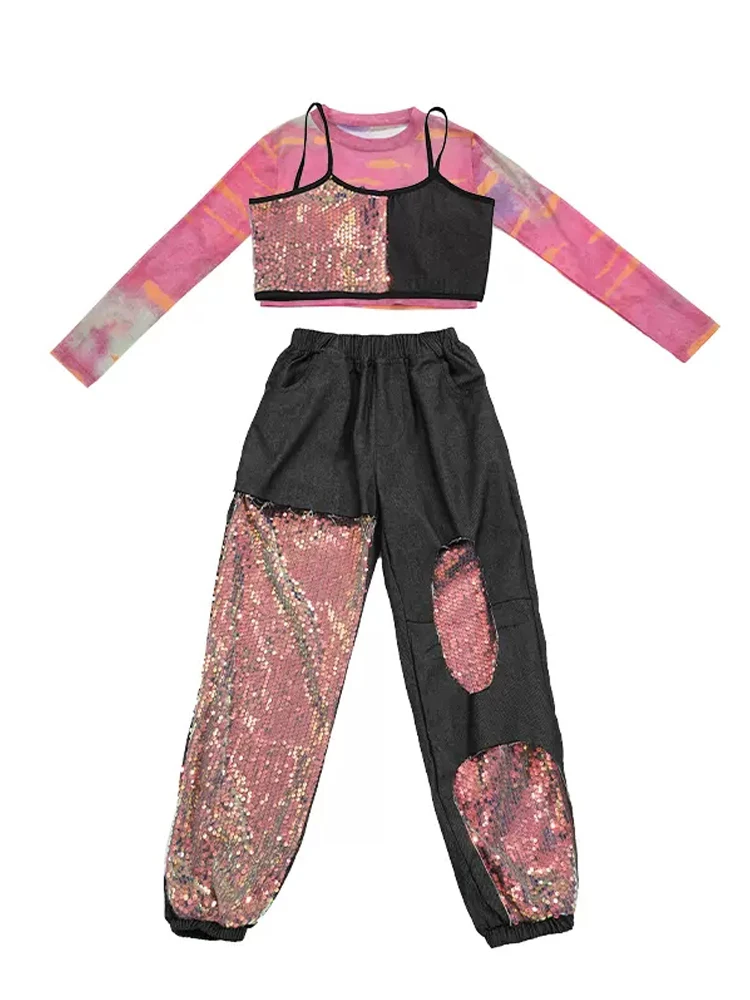 2025 Ropa de baile de Jazz para niñas, Tops de lentejuelas rosas, pantalones, disfraz de actuación de Hip Hop para niños, ropa de escenario para Festival de conciertos
