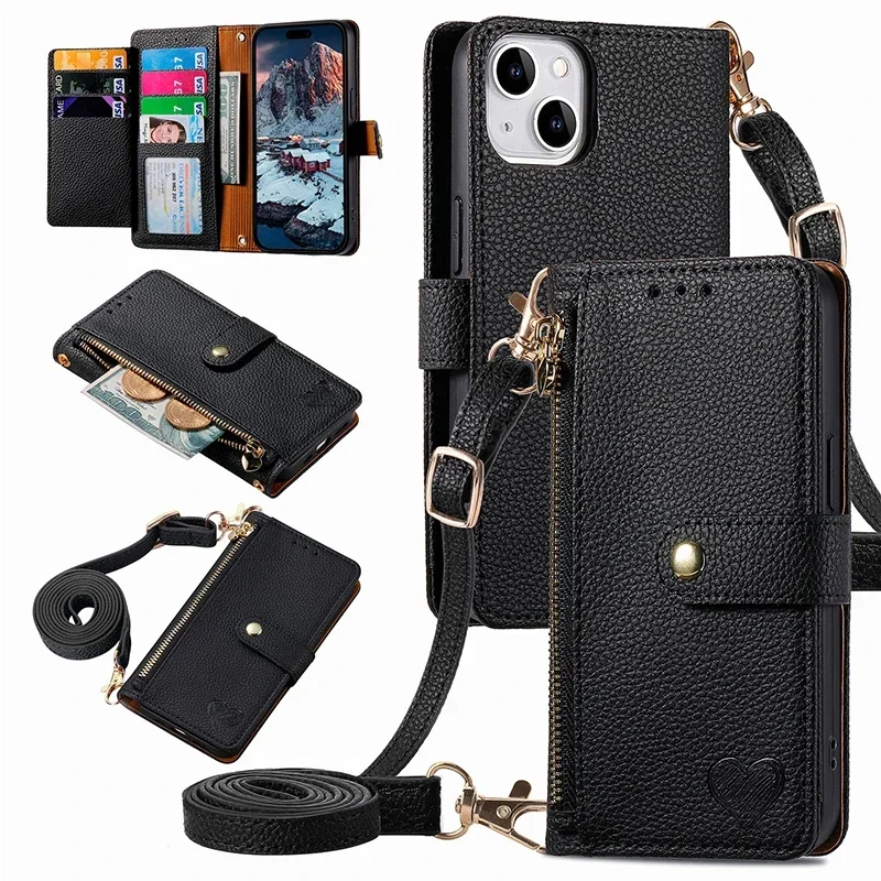 Lanyard Zipper Leather Wallet Anti-theft Case For OnePlus Ace 3 Pro Nord 4 CE 4 CE3 N30 SE N100 Wrist Strap Cover Card Holder