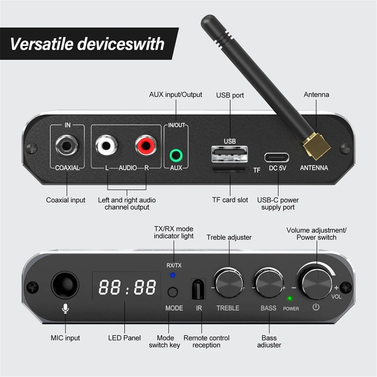 

【Новый купон пользователя】GTMEDIA A6 Bluetooth 5.1 Аудиоадаптер Беспроводной приемник и передатчик с дистанционным управлением поддерживает TF-карту, USB-диск