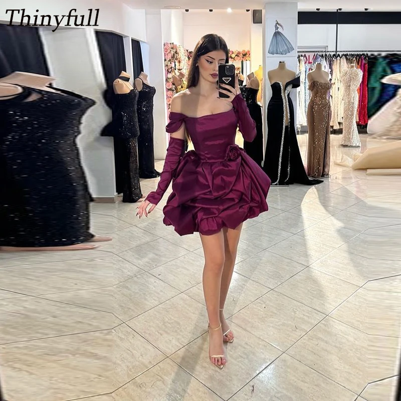 

Thinyfull A-line Satin Short Prom Dresses Off Shoulder Detachable Sleeves Evening Dress Mini Birthday Party Gowns Customized