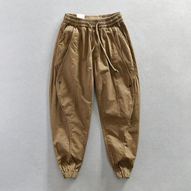 Spring Summer Thin Fashion Small Foot Elastic Drawstring Design Sense Japanese Cargo Wind Cotton Pants Men Bundle Feet