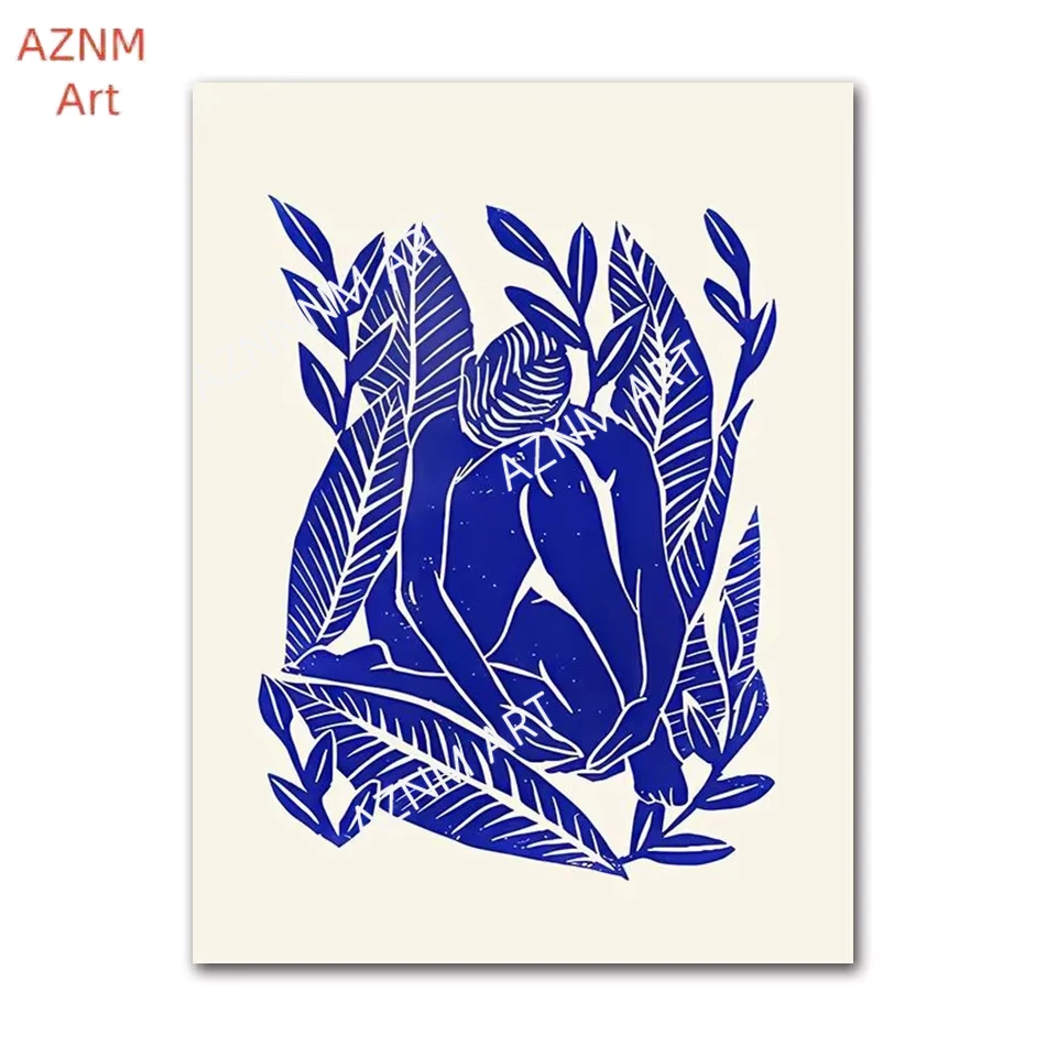 Abstrakte Linien-Gesichter, Kurvenförmige Gestreifte Mädchen, Vase, Vogel Leinwandgemälde Poster für Wohnzimmer-Dekoration Wandkunst Bett