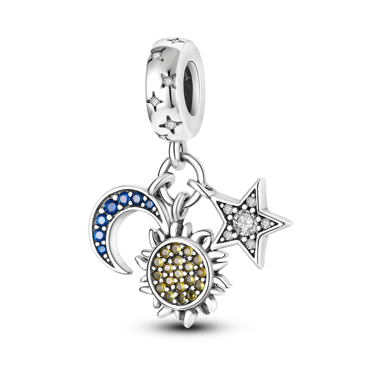 925 Sterling Silver Sun Moon Star Triple Dangle Charm Fit Bracelets Multi Color CZ Celestial Sky Bead for Women DIY Jewelry