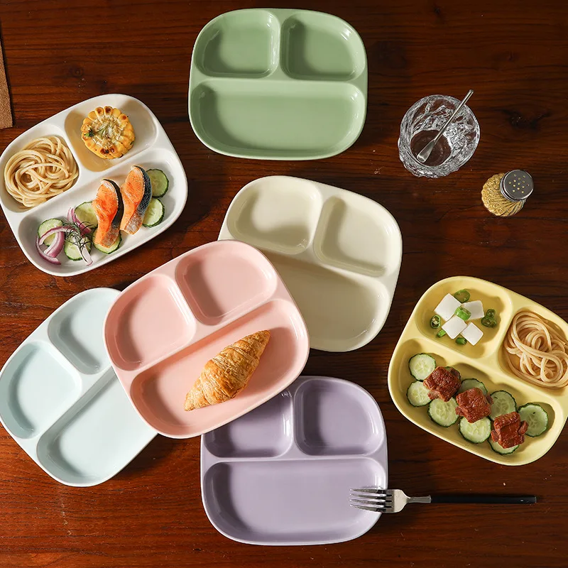 Triple Grid Ceramic Breakfast Plate Fitness Weight Loss Dish Plate Household Breakfast Children Quantitative Food Kitchen Dishes
