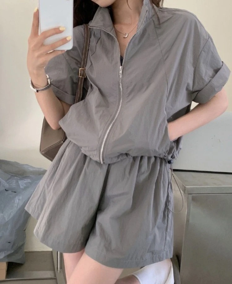 New in Summer Stylish Women's Casual Loose Zipper Neck Pockets Trendy 2-piece Outfit for Fashionable Ladies Short Sets Clothing