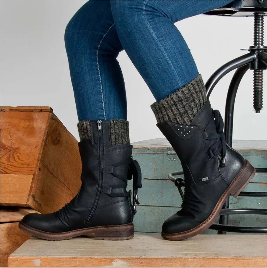 

New Women Mid-Calf Boots Autumn Winter Female Casual Shoes Flat Fashion Motorcycle boots Platform Round Toe Women boot Large siz