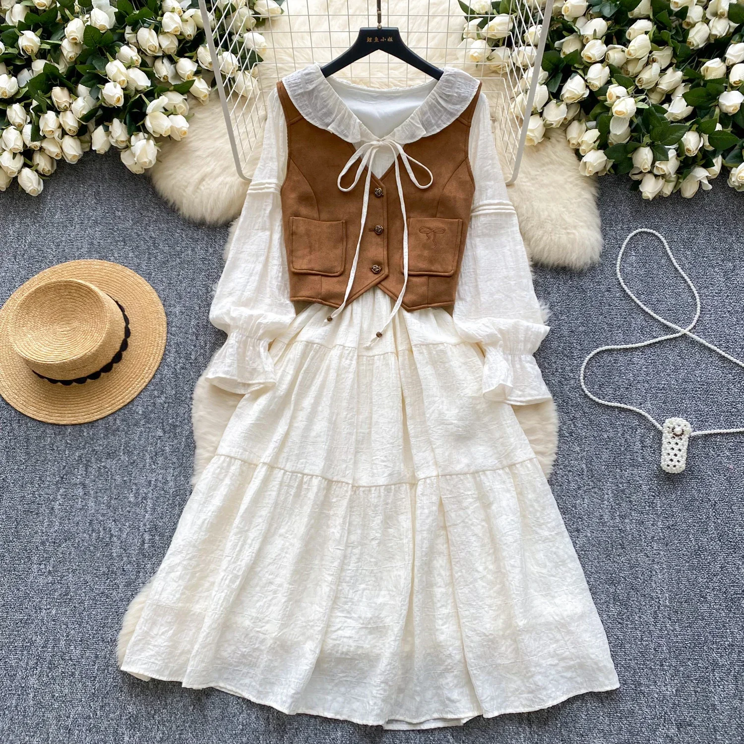 

Chic Casual Twp-piece Sets Button Coat Vintage Basics Long Sleeve Lace-up Slim Dress Office Lady Autumn Winter Women Clothing