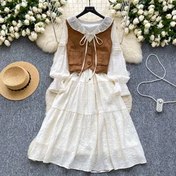 Chic Casual Twp-piece Sets Button Coat Vintage Basics Long Sleeve Lace-up Slim Dress Office Lady Autumn Winter Women Clothing