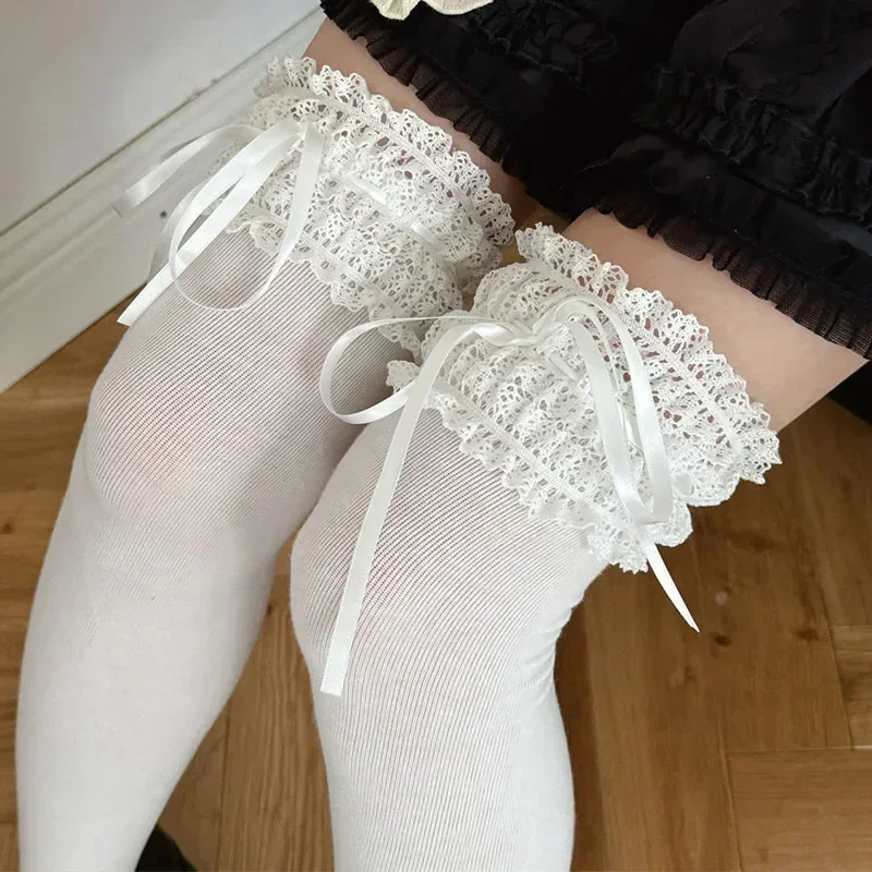 Lolita Over Knee-high Socks Cotton Sweet Lace Bow Ribbon Kawaii Calf-length Socks Thigh-high Stockings JK Cosplay Accessories