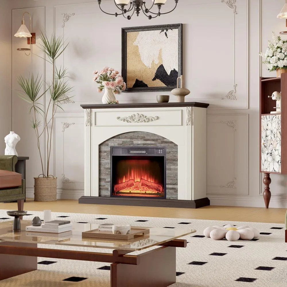 حامل تلفزيون على طراز المزرعة مع مدفأة كهربائية مقاس 44 بوصة وصندوق حريق أبيض، يتميز بحيط حجري مكدس #4