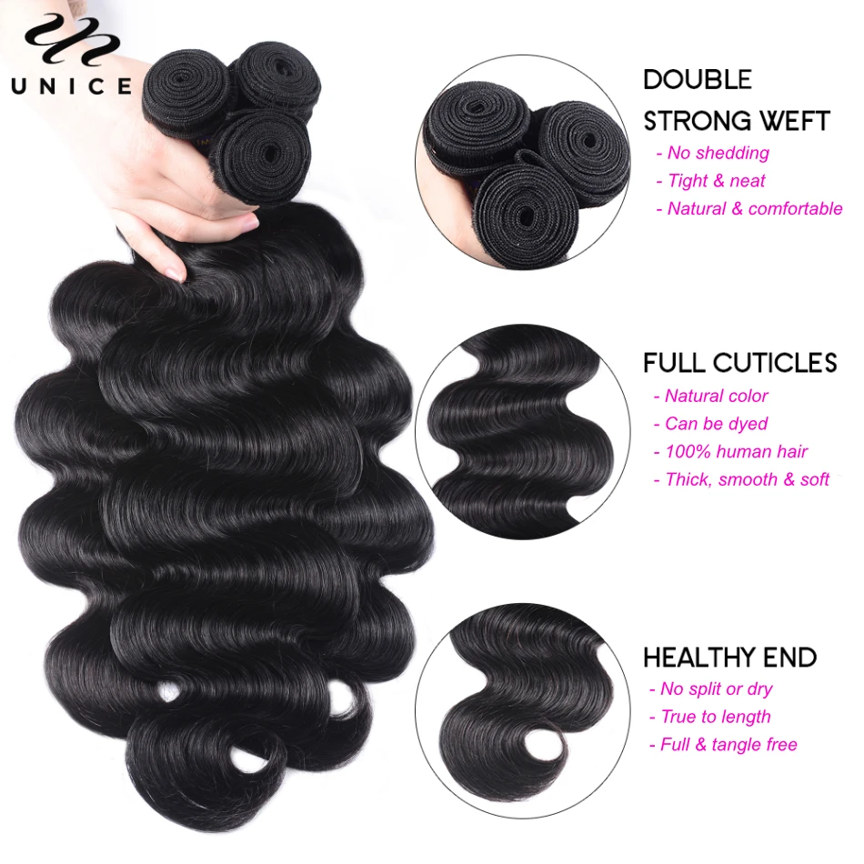 Unice Hair 8A Grade Body Wave Bundles 3/4 Bundles Deal 100% Human Hair Bundles Sew In Extensions Quick Weaves