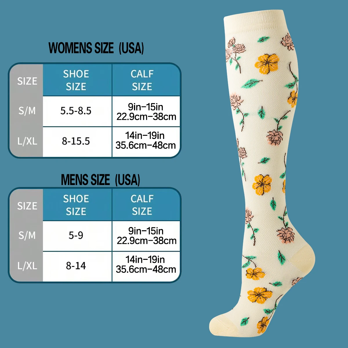 6 쌍 꽃무늬 압박 양말 여성 남성 의료용 통기성 무릎 높이 간호사 꽃무늬 압박 양말 여성 스포츠 간호사용