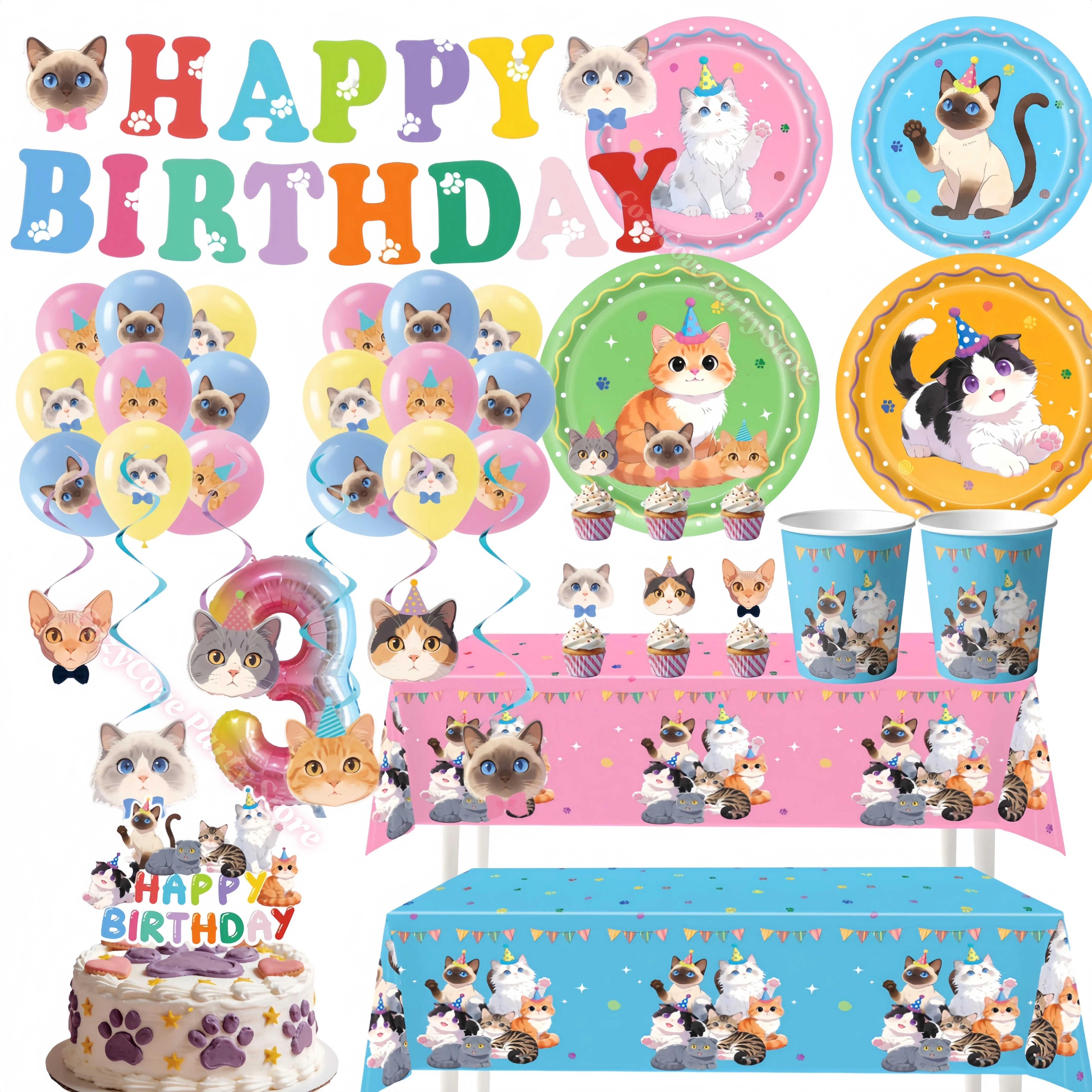 Artículos para Fiestas de Cumpleaños con Temática de Gatos, Platos, Vasos, Servilletas, Pancarta, Adorno para Pastel, Regalo para Niños, Accesorios para Fotos de Baby Shower, Suministros para Fiestas