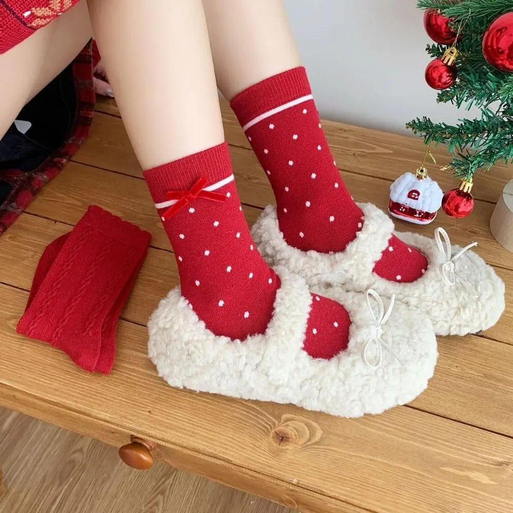 

Comfortable Bowknot New Year Women's Socks Dots Ruffle Autumn Winter Red Socks Flower Mid Tube Horse Year Red Socks Women