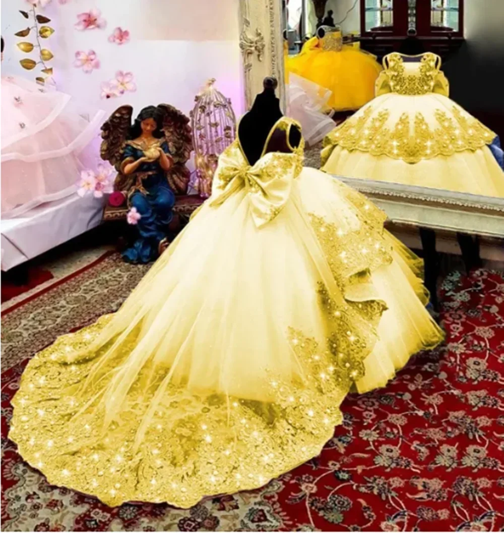 Vestido de niña de flores personalizado, primer vestido de Navidad, vestido de fiesta de boda, tren de cuentas de encaje verde menta, vestido de noche para niños فسات