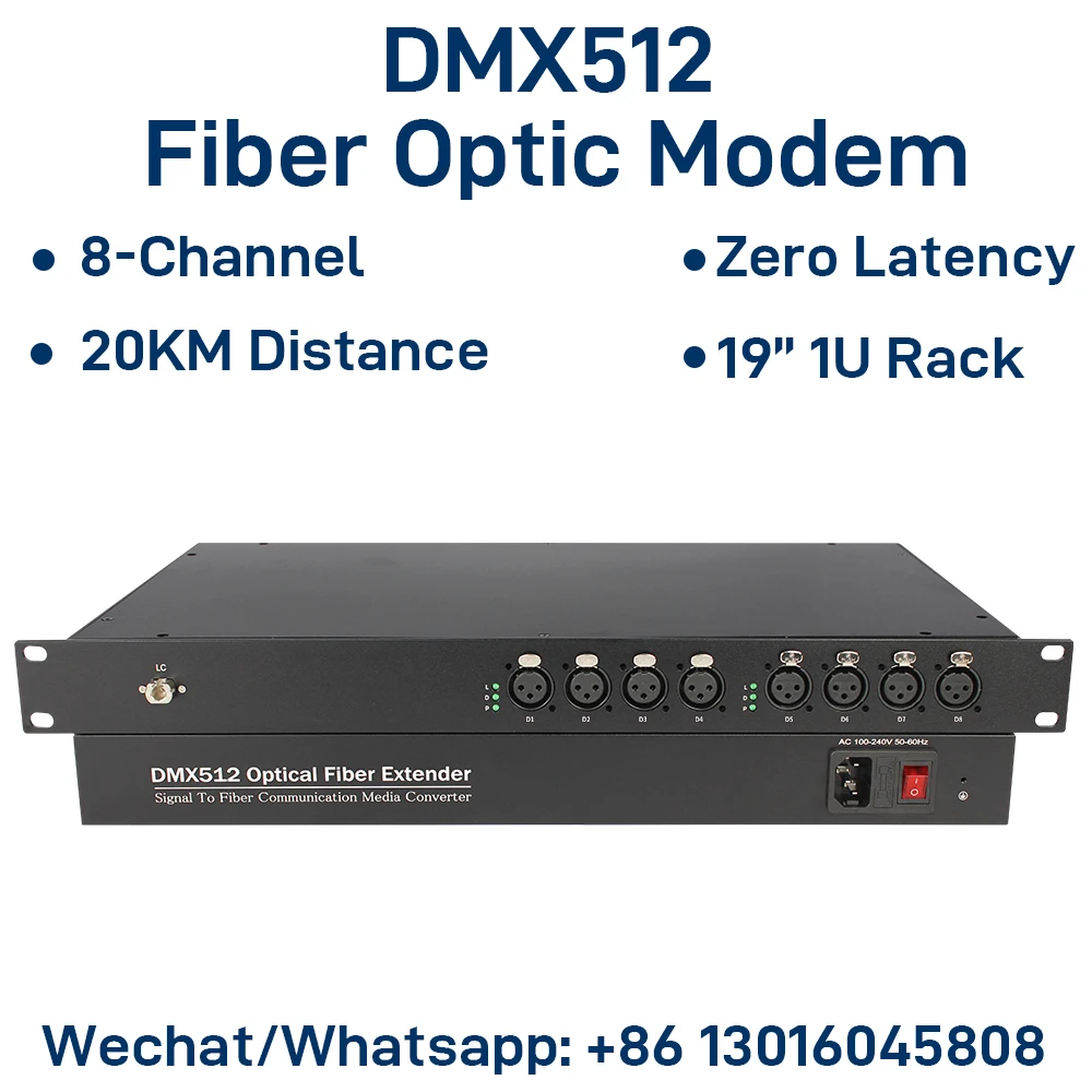 8-CH DMX512 Fiber Optic Modem XLR 3-Pin Lighting Extender over Single Fiber 20KM LC Interface 19-Inch 1U Rack Mount Zero Delay