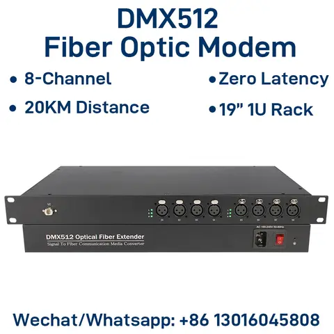 8-CH DMX512 Fiber Optic Modem XLR 3-Pin Lighting Extender over Single Fiber 20KM LC Interface 19-Inch 1U Rack Mount Zero Delay