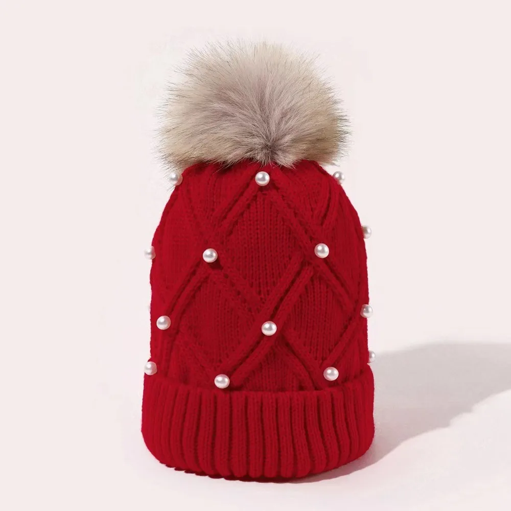 Fashionable with Diamond Knitted Hat Thick Flannel Warm Folded Edge Women\'s Hat Solid Color Large Woolen Ball Cold Hat Autumn