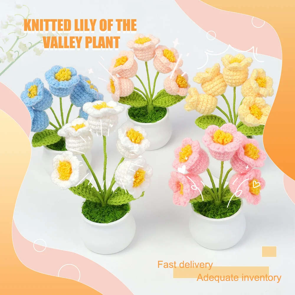 Handmade Crochet Lily Of The Valley Potted Stuffed Plants Finished Woven Bouquet Home Desktop Decor Christmas Graduation Gifts