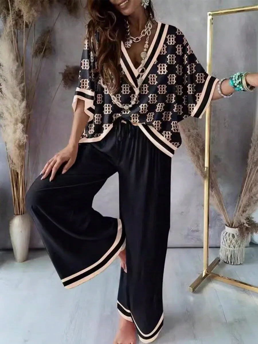 2pcs Women Fashion Printed Dolman Sleeve V-Neck Top And Wide Leg Pants Loungewear Set